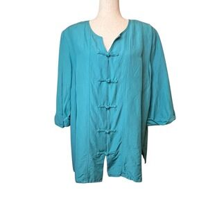 Maggie Barnes Womens 1X Linen Rayon‎ Aqua Blue Frog Button Mandarin Collar Top